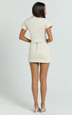Paige Mini Skirt - High Waisted Denim Skirt in Ecru