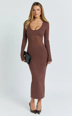 Odessa Midi Dress - U Neck Long Fitted Sleeve Sheer Waist Fitted Knit Dress in Chocolate