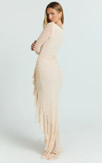 Rhea Maxi Dress - Long Sleeve Ruched Ruffle Hem Dress in Blush