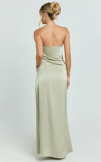 Laurie Maxi Dress - Strapless Draped Satin Dress in Light Olive