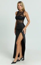 Reeves Maxi Dress - Contrast Lace High Neck Fitted Satin Dress in Black