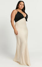 Quincy Maxi Dress - Satin Slip Dress in Black/Champagne
