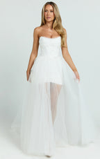 Kelsey Mini Dress - Beaded Strapless Corset Panel Dress with Detachable Tulle Skirt in White