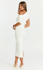 Nalfie Midi Dress - Tipped Shoulder Jersey Drape Dress in White