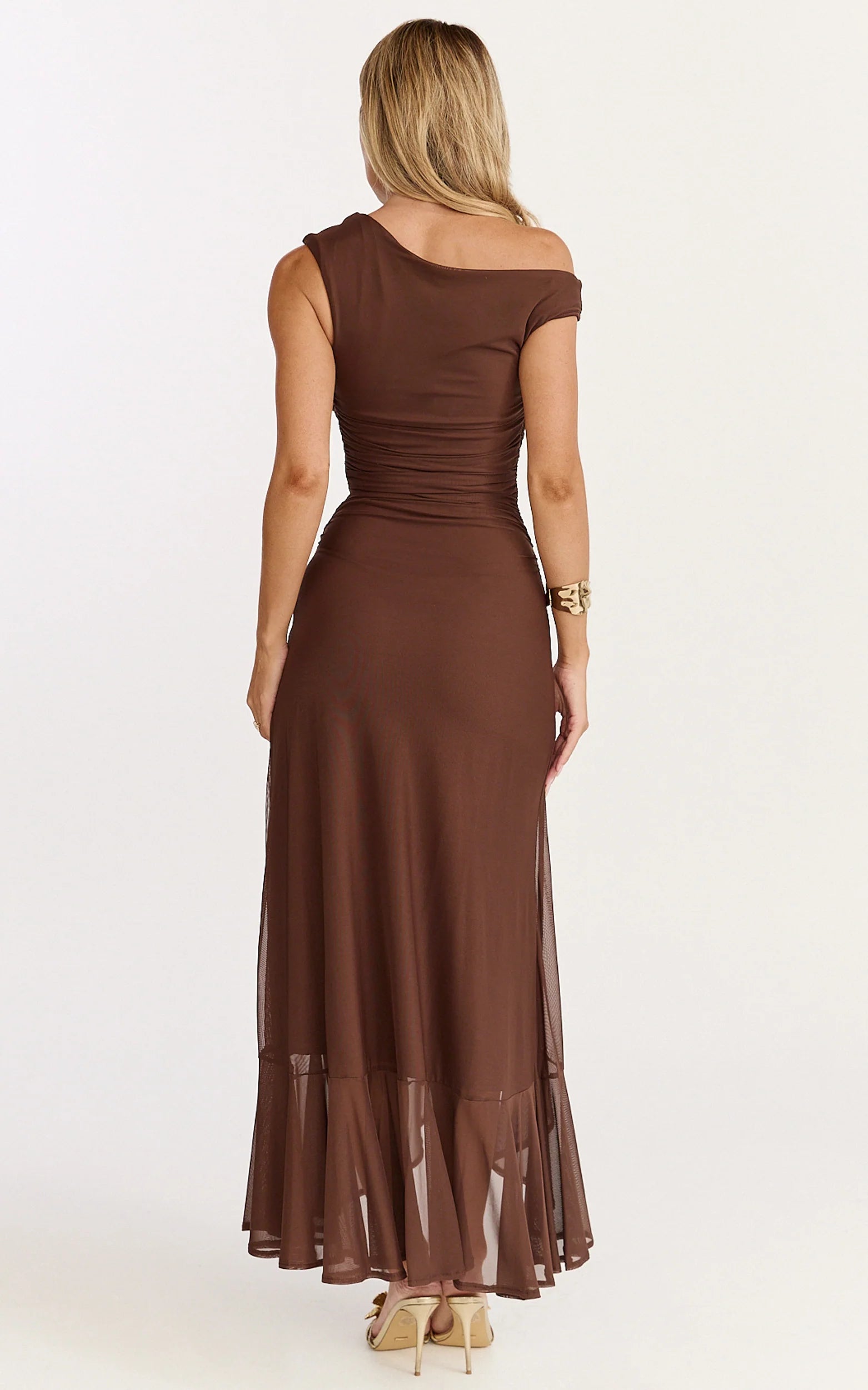Judee Midi Dress - One Shoulder High Side Split Dress in Chocolate
