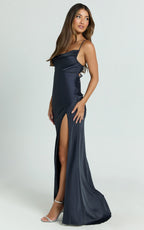 Ardent Maxi Dress - Cowl Neck Tie Back Satin Dress in Navy
