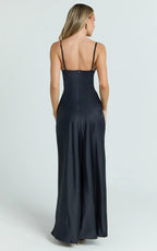 Cariela Midi Dress - Plunge Neck Satin Dress in Navy