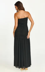 Marguerite Maxi Dress - Strapless Ruched Mesh High Leg Split Dress in Black