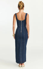 Kristie Maxi Dress - Wide Neck Corset Detail Denim Dress in Dark Blue