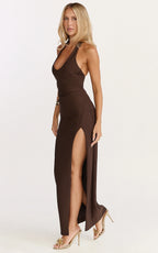 Ruby Maxi Dress - Halter Scoop Neck Low Back Bodycon Dress in Chocolate