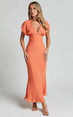 Desiree Midi Dress - V Neck Flutter Short Sleeve Slip Dress in Orange