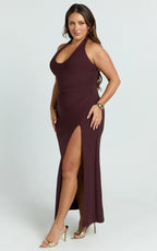 Ruby Maxi Dress - Halter Scoop Neck Low Back Bodycon Dress in Wine