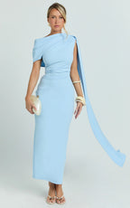 Visenta Midi Dress - Asymmetrical Sleeve Dress in Blue