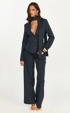 Georgie Top - Button Down Fitted Pinstripe Scarf Blazer Top in Dark Navy