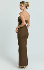 Jamie Maxi Dress - Strapless Ruched Fitted Column Dress in Chocolate