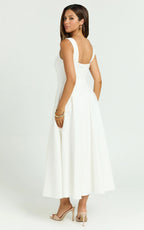 Bernie Midi Dress - Square Neck Strapped Full Circle Skirt Dress in White