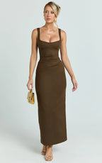 Benita Midi Dress - Scoop Neck Ruched Fitted Dress in Chocolate