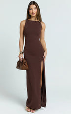 Indi Maxi Dress - Boat Neck Bodycon Dress in Chocolate