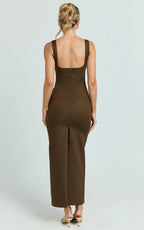 Benita Midi Dress - Scoop Neck Ruched Fitted Dress in Chocolate