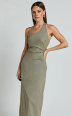 Lindley Midi Dress - Halter Neck Linen Look Dress in Olive