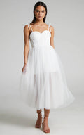 Aisha Midi Dress - Bustier Bodice Tulle Dress in White