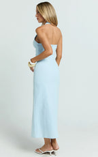 Murray Midi Dress - Deep U Halter Neck Dress in Pale Blue