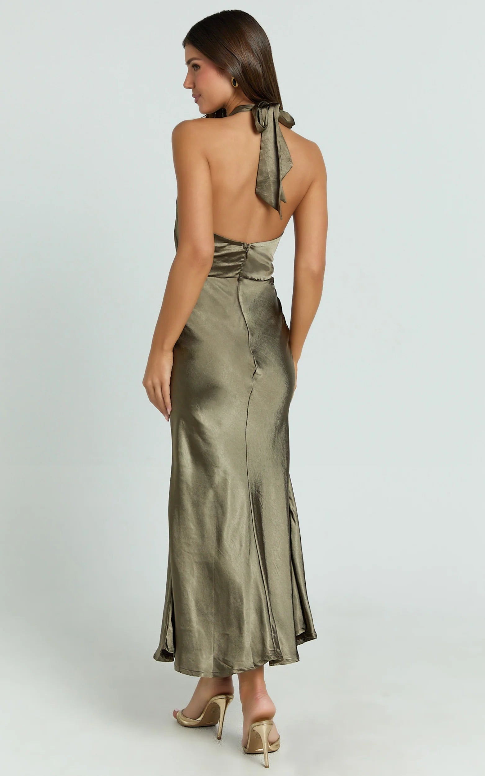 Rhianne Midi Dress - Twist Halter Neck Open Back Satin Dress in Olive