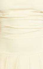 Daisy Mini Dress - Off Shoulder Ruched Pleated Skirt Dress in Cream
