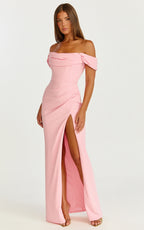 Marcel Maxi Dress - Off Shoulder Corset High Split Dress in Pink